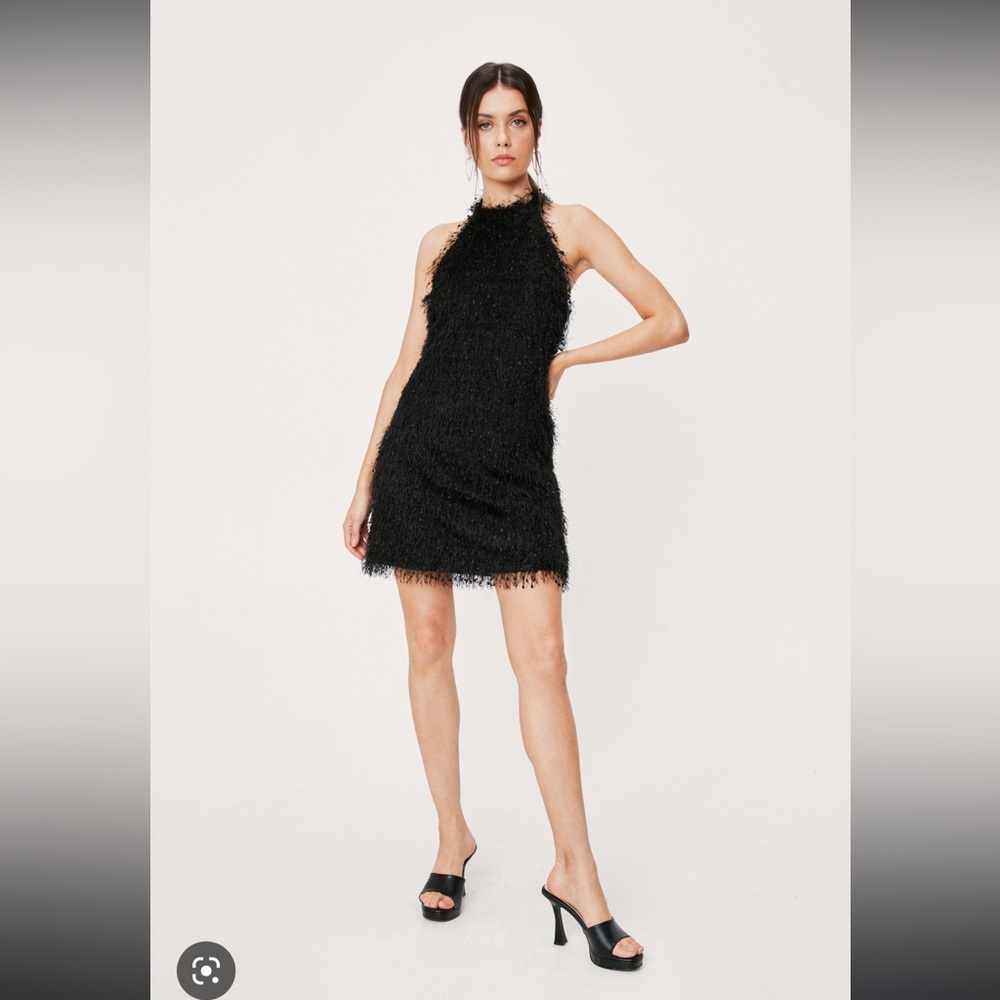NWT Nasty gal halter neck textured fringe mini dress in black